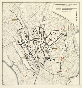 214237 Plattegrond van de stad Utrecht, met weergave van het stratenplan met belangrijke gebouwen, wegen, spoorwegen en ...